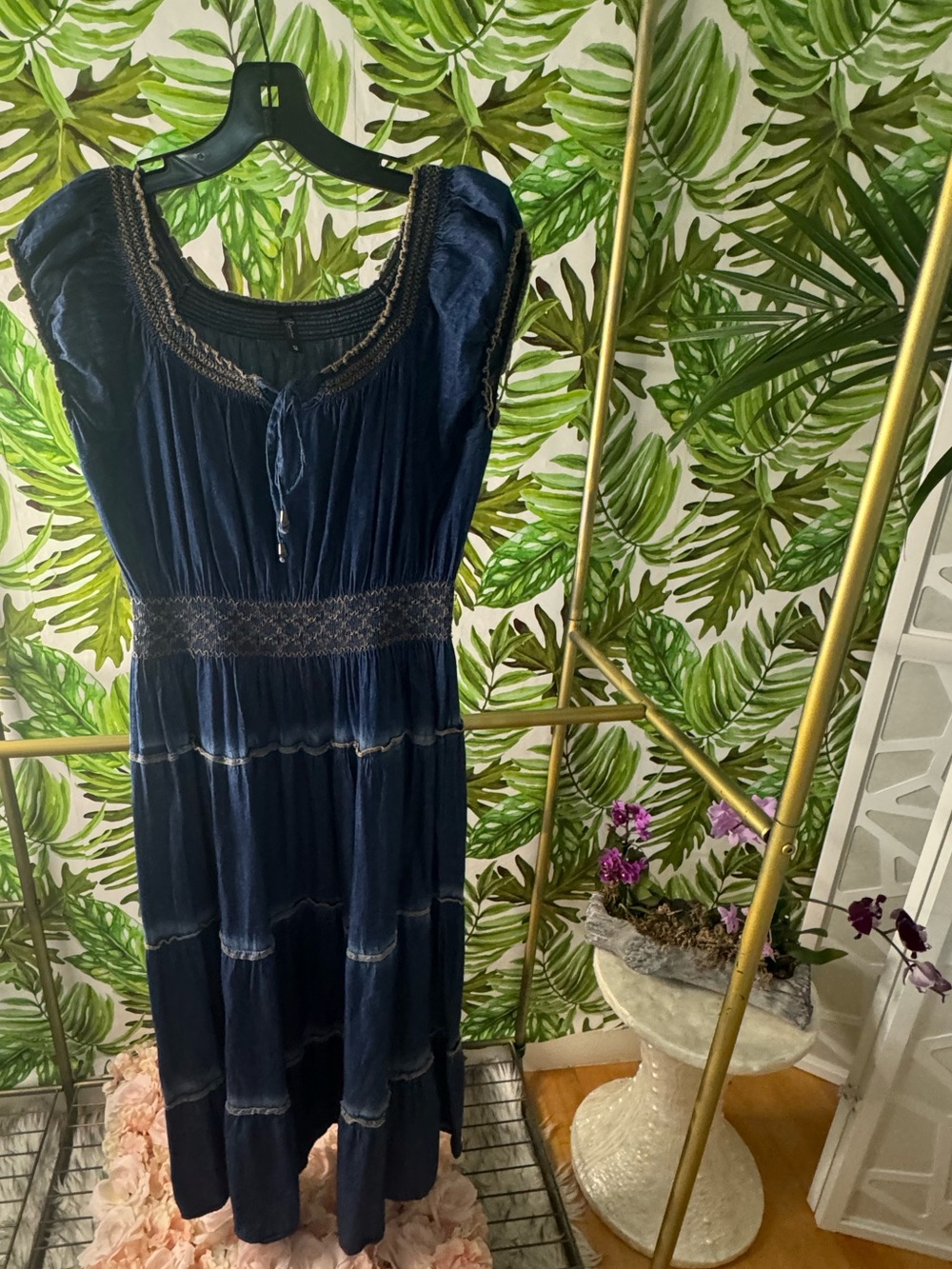Indigo Rein Navy Tiered Boho Maxi Dress with Smocked Waist